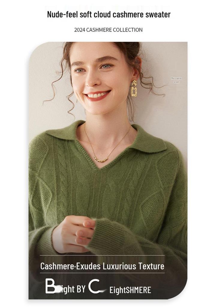Women's Thick Three-Strand Twisted Cashmere Knit Sweater, Long Sleeve, Polo Collar, Loose Fit, Soft & Skin-Friendly.