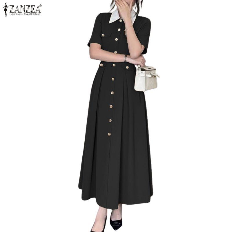 ZANZEA Kadın Günlük Devrik Yaka Yazlık Kısa Kollu Uzun Elbise