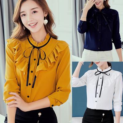 Women Work Long Sleeve Bow Tie Ruffles Chiffon Blouse Tee Shirt Top