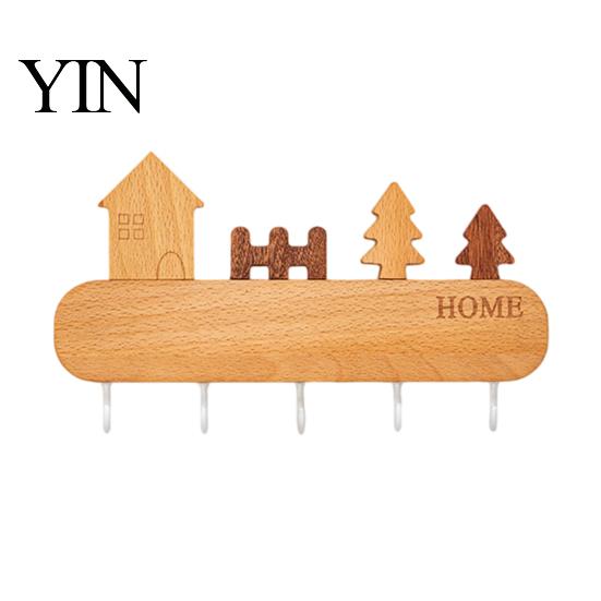 Adhesive Key Rack for Wall Wooden Holder with 5 Hooks, Cartoon House Theme Organizer, Multi Purpose Hanging Keys Pet Leashes And Hats Heavy Duty Screw