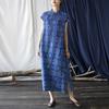 Johnature Vintage Print Floral Dress Stand Short Sleeve Chinese Summer Blue A-Line Button Dress