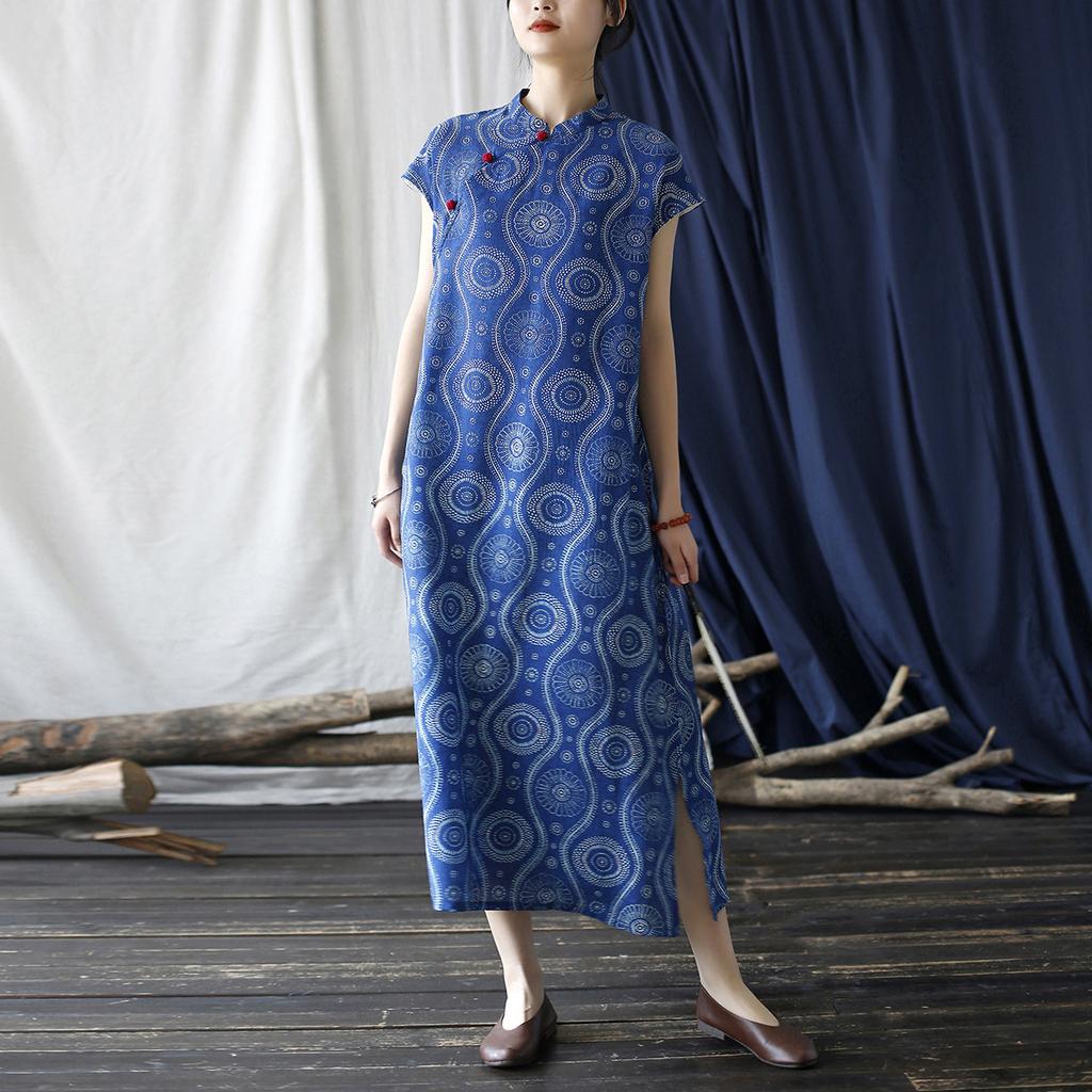 Johnature Vintage Print Floral Dress Stand Short Sleeve Chinese Summer Blue A-Line Button Dress