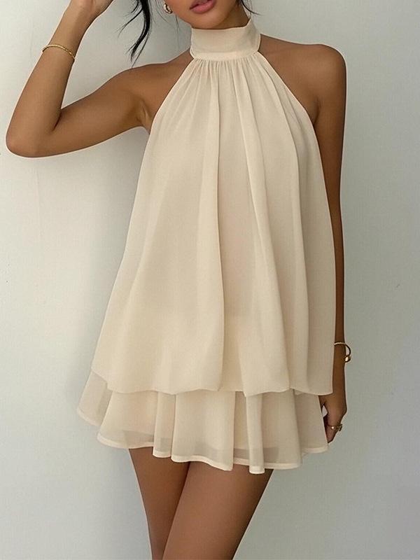 European & American Women's Backless Halter Strap Dress - Holiday Slim Fit with Puffy Short Skirt