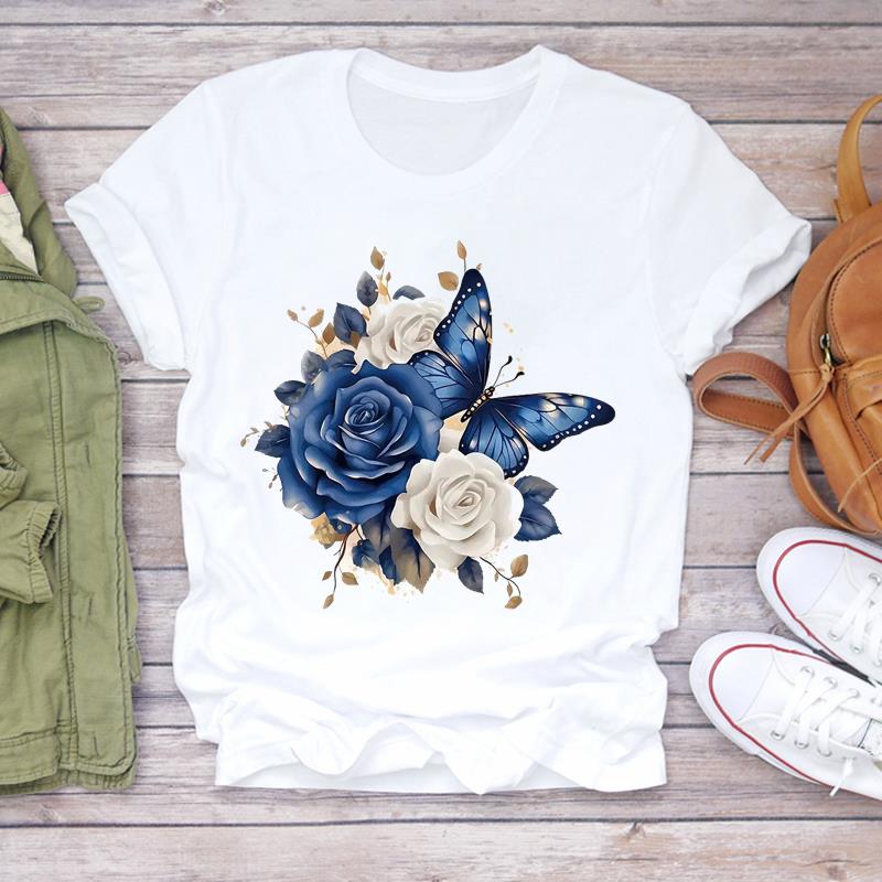 (Asian Size) Women Lovely Flower Trend Tee Top Clothing Casual  Short Sleeve T Shirt Fashion Print Lady Female Graphic T-shirts