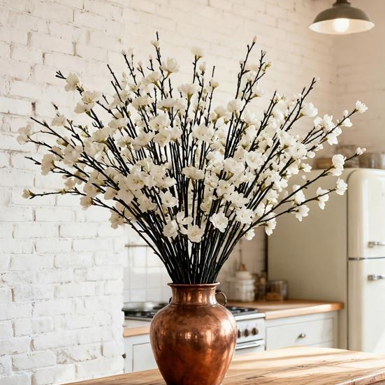 10 Pcs Artificial Plum Blossom Fake Long Stem Wintersweet Flowers Realistic Faux Silk Cherry Branches for Wedding Home Office