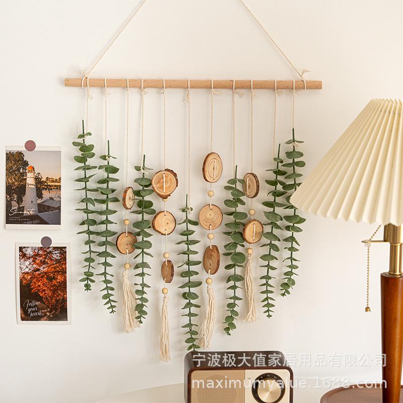 

Bohemian Wall Hanging Decor with Natural Wood Slices and Green Eucalyptus Leaves
