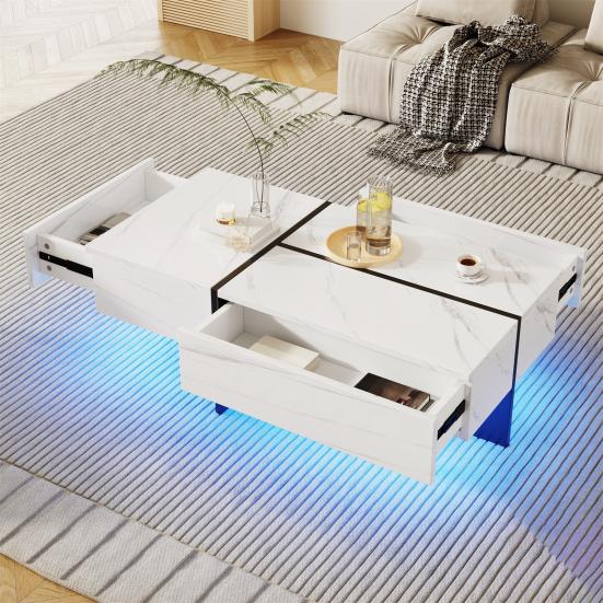 Home High-Gloss Coffee Table Marble Panel with 3 Drawers App Control Colorful Side Light Strip Rectangle Shape LED Tea Furniture