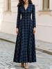 Elegantes französisches Karomuster Langkleid - Herbst/Winter Stil mit Anzug-inspiriertem Knopfleisten-Design