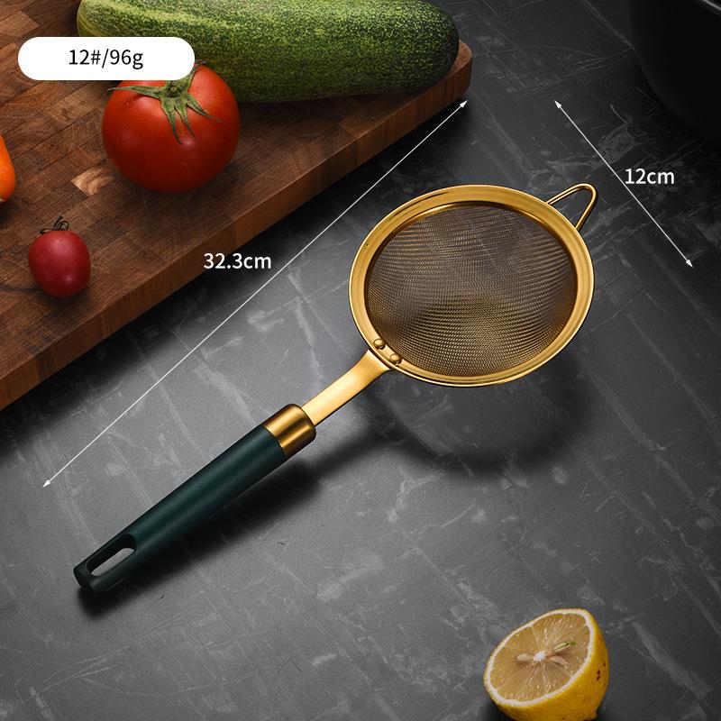 

Шумовка из нержавеющей стали 304, сито с зеленой золотой ручкой, мелкоячеистый дуршлаг, ложка для жарки масла, сито для лапши и пельменей, кухонные принадлежности