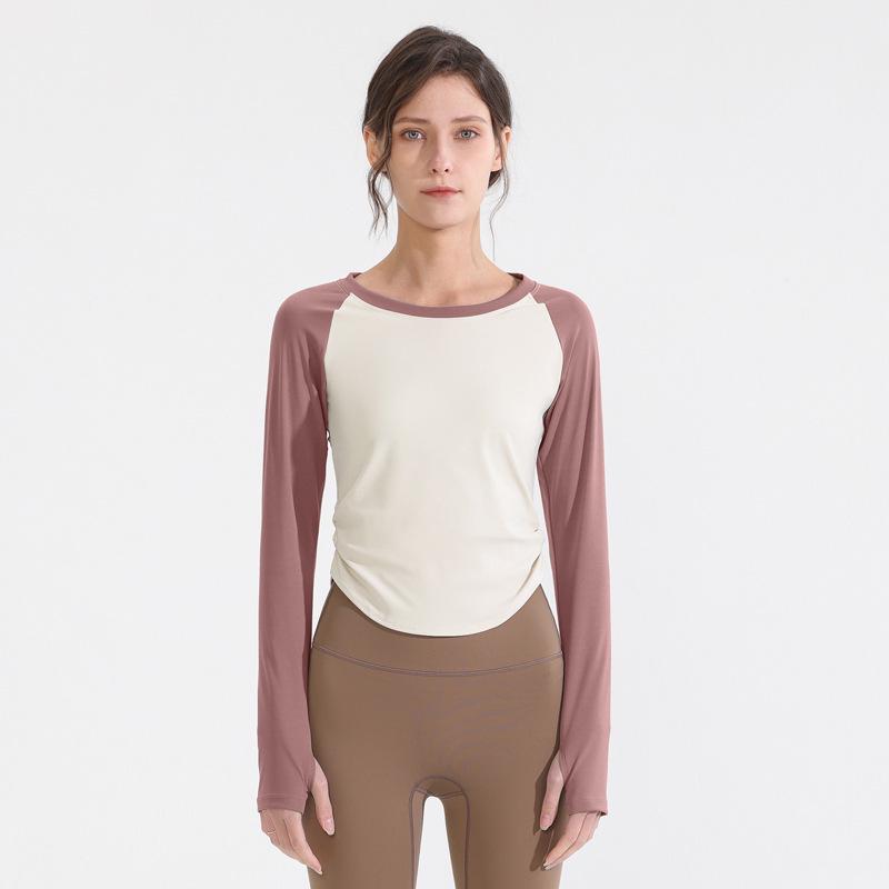 Damska szybkoschnąca plisowana koszulka do jogi z długim rękawem i kontrastowymi wstawkami