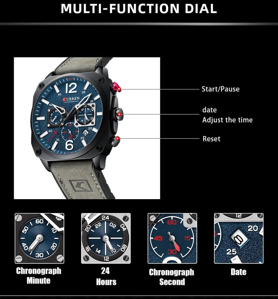Curren 8398 Men's Multifunctional Leather Strap Calendar Watch