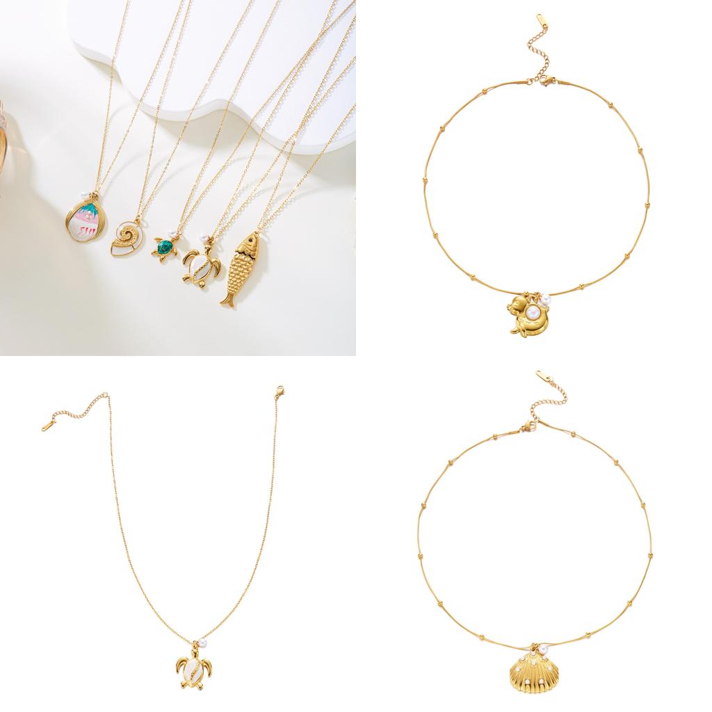 Ocean Style Stainless Steel Necklace With Shell Beads And Animal For Women And Men