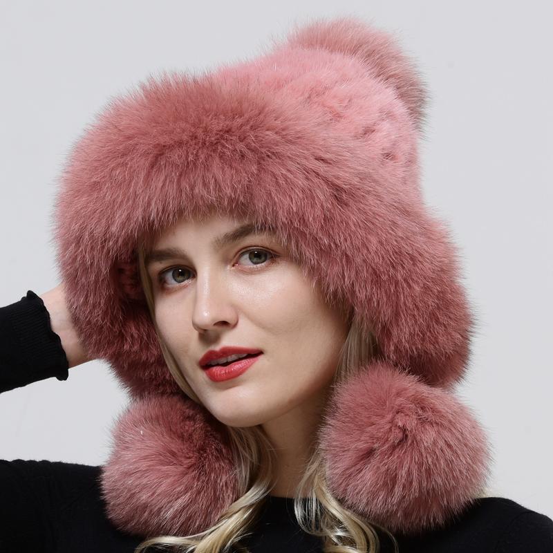 Real Mink Fur Hats Knitted Ear Cap Genuine Warm Snow Fluffy Female Fox Fur Hat Outdoor Luxury Woman Hat