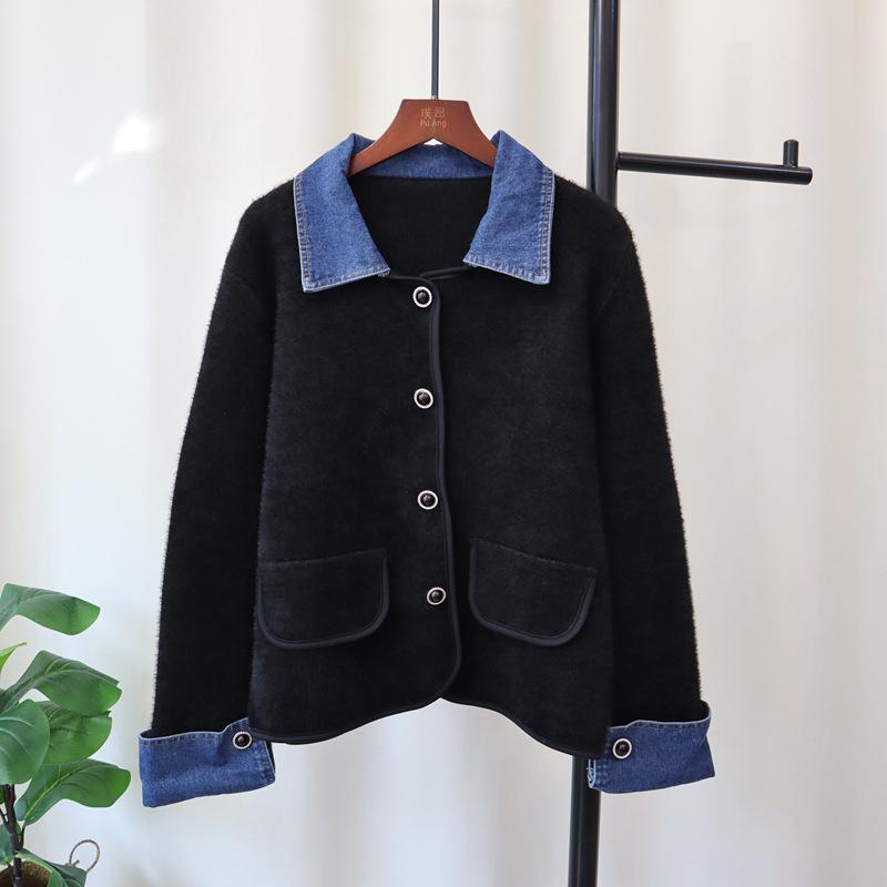 

Вязаный кардиган из денима с имитацией норкового велюра, новый осенне-зимний свитер высокого класса, женская куртка one size fits all чёрный