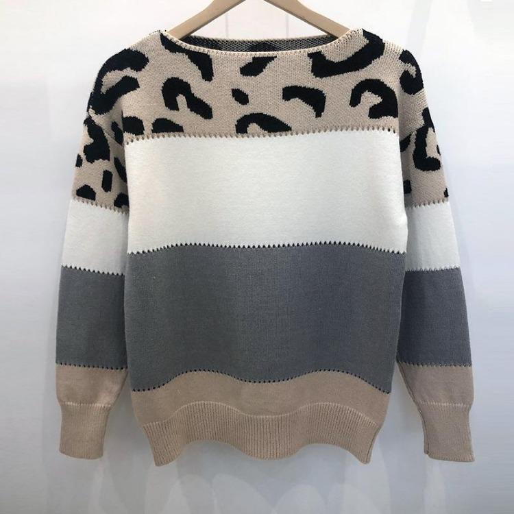 Women's Casual Round Neck Leopard Print Knitted Sweater Long Sleeved Pullover Warm Autumn Winter Fashion