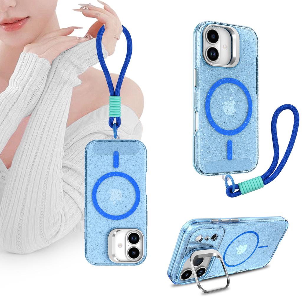 For IPhone 17 Glitter Phone Case PC Transparent Magnetic Bracket for Apple 15 Anti Drop Protective Case 13 with Hanging Rope