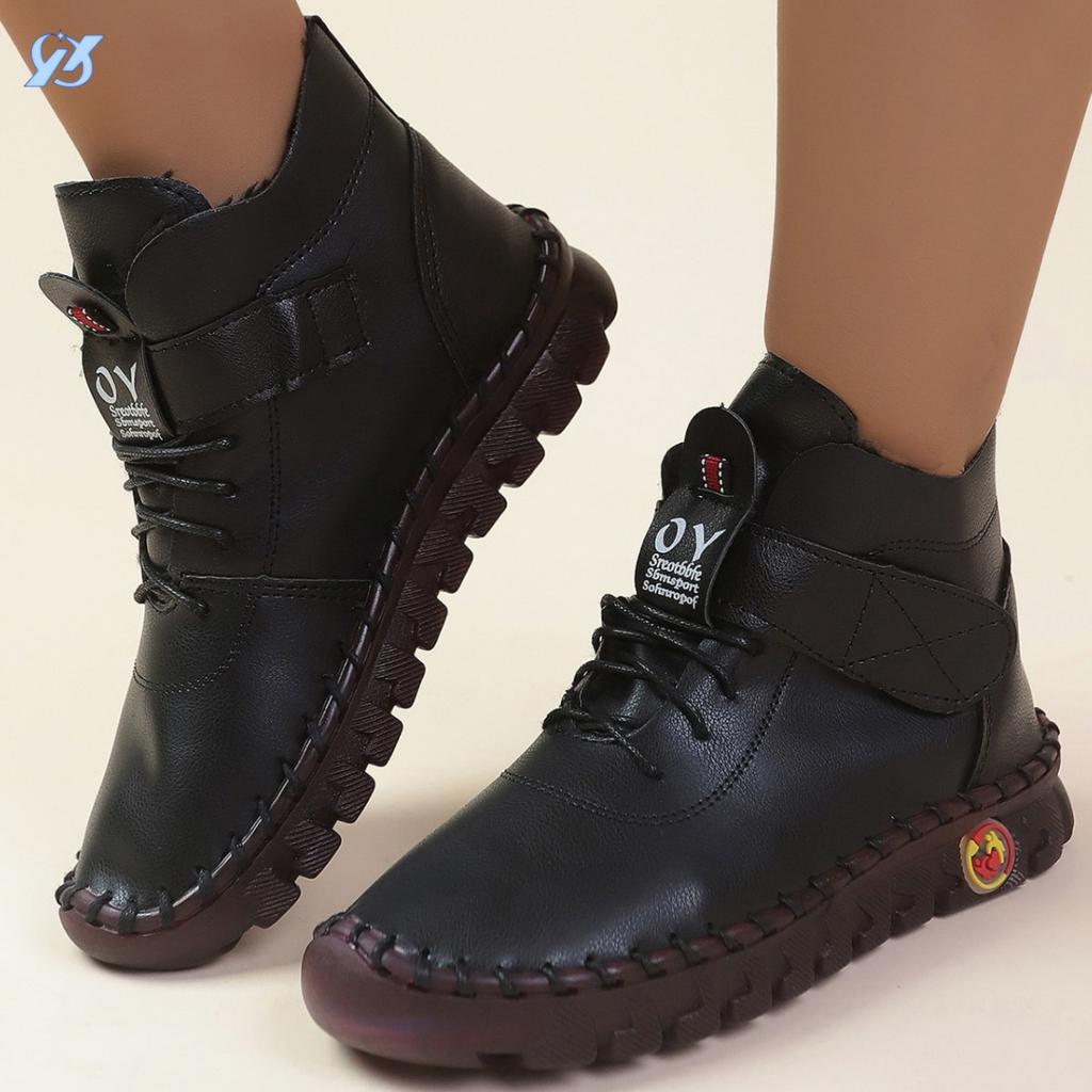 Neue Winter Damenschuhe in Übergröße zum Schnüren, runde Spitze, Klettverschluss, plüschig warmes Innenfutter, kurze Stiefel für Damen