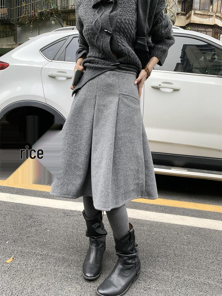 2025 Autumn/Winter Retro High-Waisted Wool A-Line Midi Skirt for Women