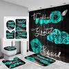 4-Piece Blue Rose Shower Curtain Set, Thank You Blessing Bathroom Curtain With Non-Slip Carpet Toilet Cover Pad U-Shaped Pad