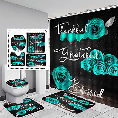 4-Piece Blue Rose Shower Curtain Set, Thank You Blessing Bathroom Curtain With Non-Slip Carpet Toilet Cover Pad U-Shaped Pad