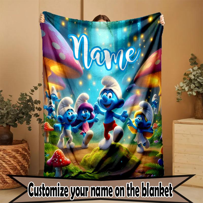 Custom Name Personalized Blue Smurfs Print Blanket, Home Decor, Bedroom, Sofa, Camping, Couch, Gifts for Birthday Christmas