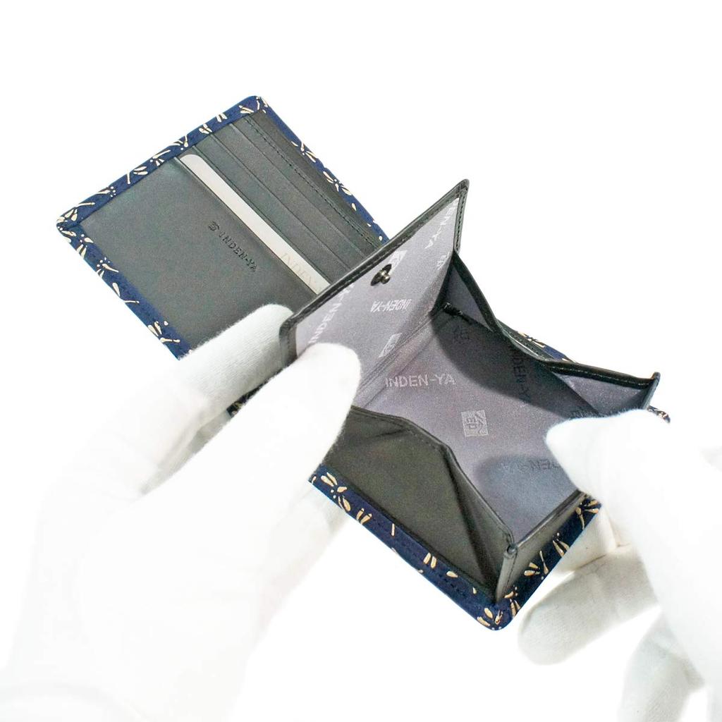 Inden Bifold Bill Compartment Box Type Coin Navy Blue X White Dragonfly Pattern [Indenya] Wallet, S, Purse, Deerskin, Lacquer, 2008-14-008