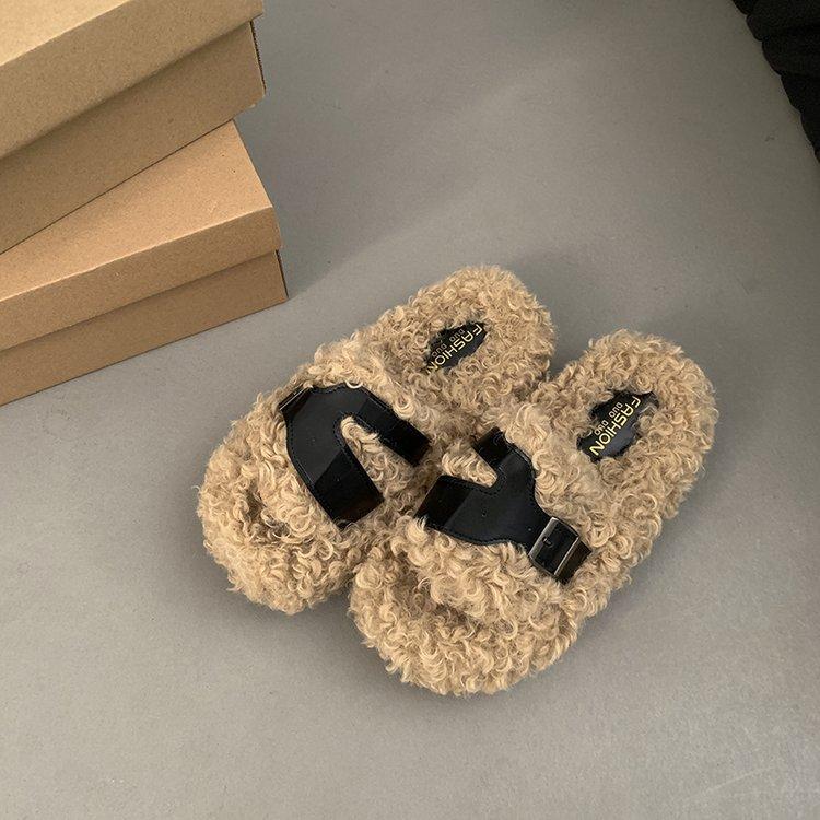 

Plush thick-soled slippers for women to wear 2025 autumn and winter new Korean version niche lamb wool lazy one-pedal cotton slippers 40