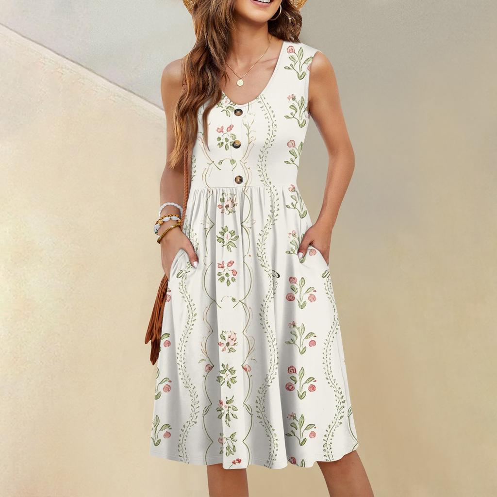 Women's Casual Fashion Sexy V-neck Button Decoration Sleeveless Beach Printed Boutonniere Dress