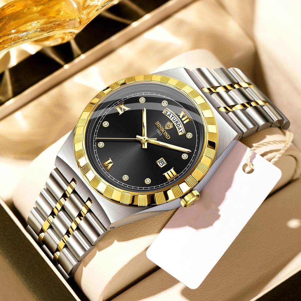 BINBOND Men's Watches Simple Fashion Original Quartz Watch for Man Texture Dial Stainless Steel Date Week Trend Dress Wristwatch