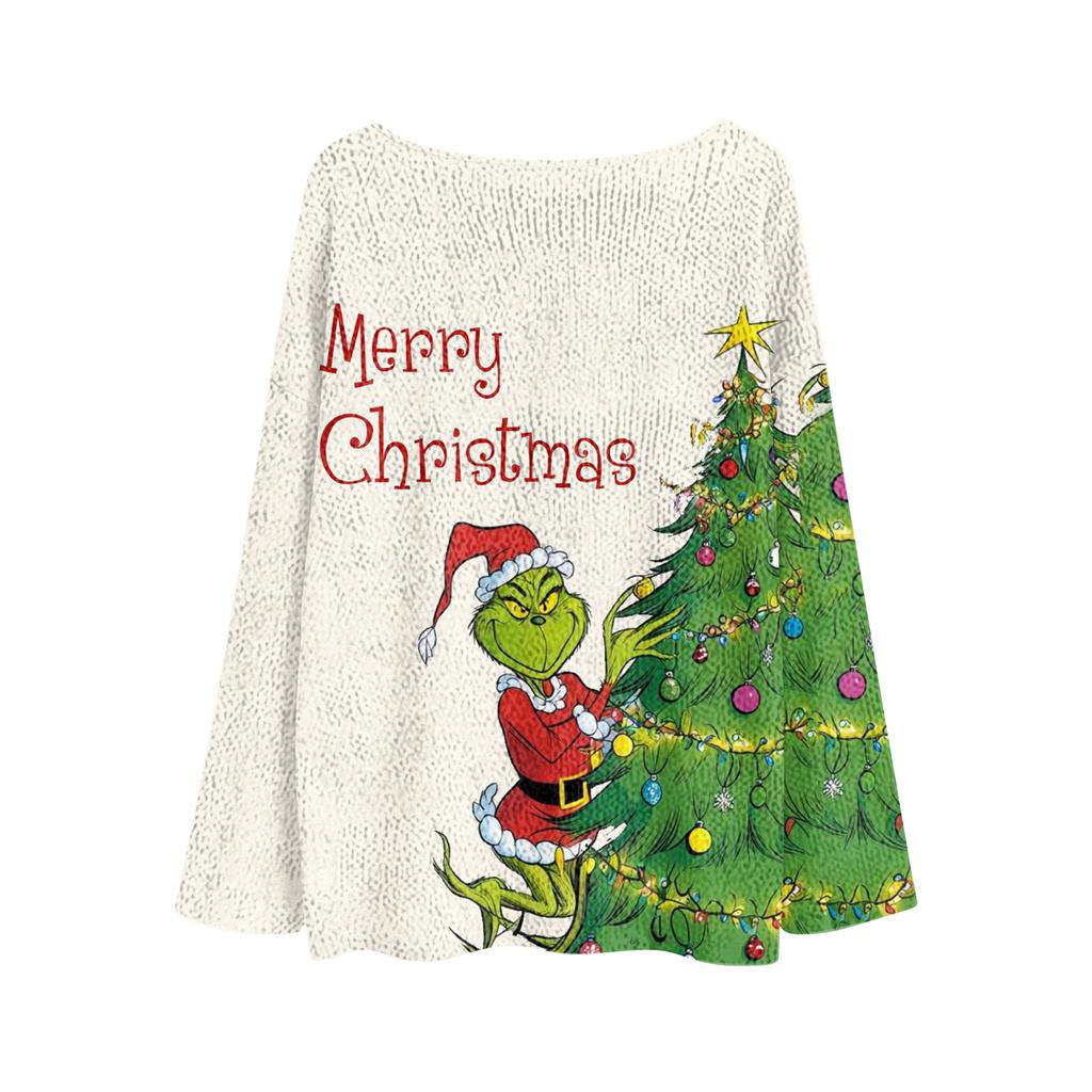 Women's Fashion Round Neck Long Sleeve Christmas Print Casual Knit Pullover Top