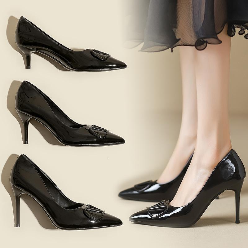 Nude High Heels Women's New V Home Buckle Pointed Head Thin Heel French Patent Leather Light Mouth Autumn Temperament Single Shoes Winter