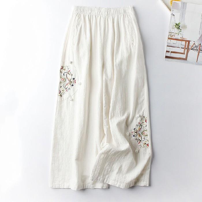 Women's Summer Thin Retro Ethnic Style Cotton and Linen Casual Pants Embroidered Comfortable Wide-legged Pants Nine Pants