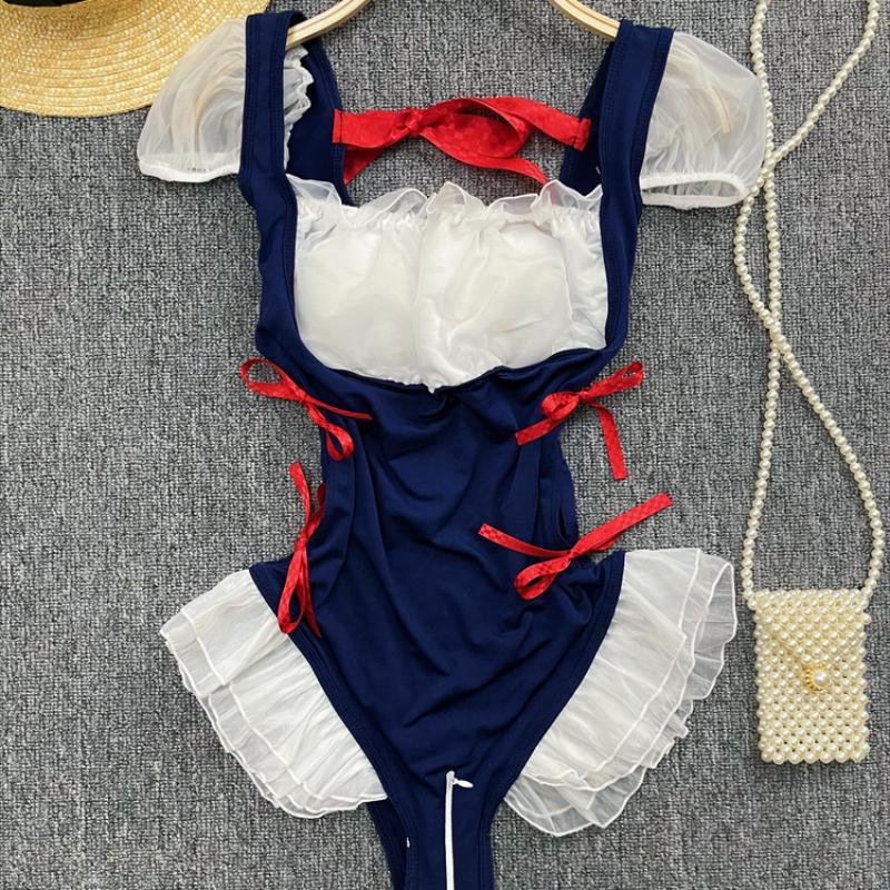 Women Sexy Underwear Open Crotch Jumpsuit Square Neck Ruffle Cosplay Erotic Lace Lingerie Shapewear Sensual Bodysuits