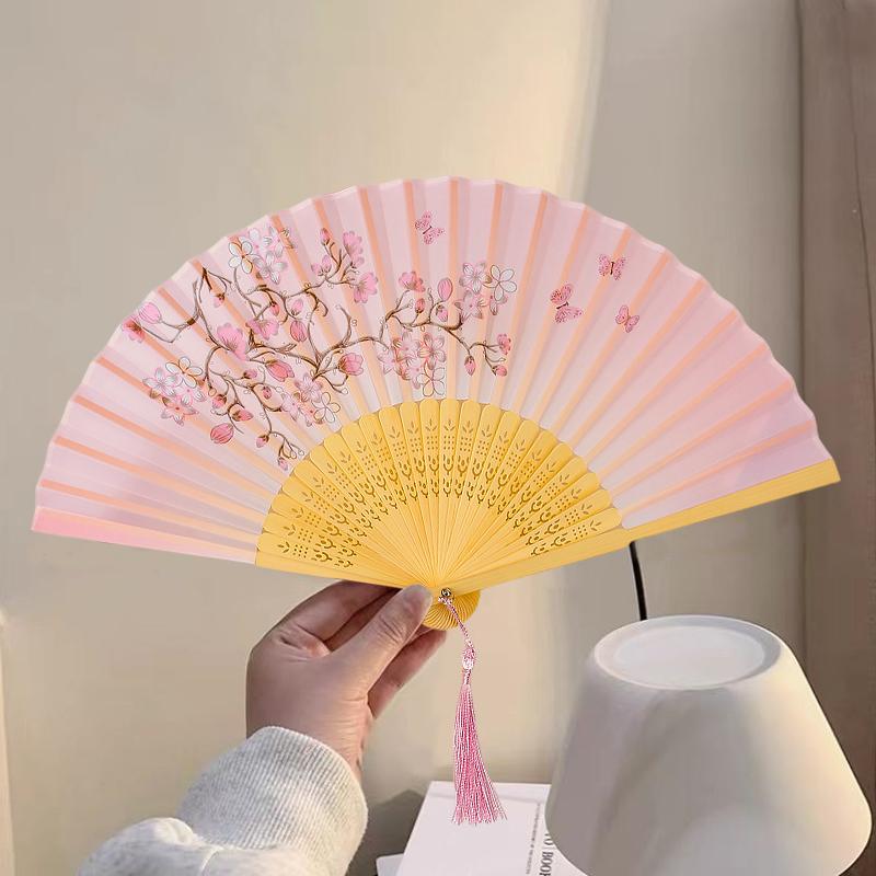 Chinese Style Bamboo Tassels Ink Wash Pattern Dance Party Show Silk Cloth Ornament Folding Fan Hanfu 9 Colors