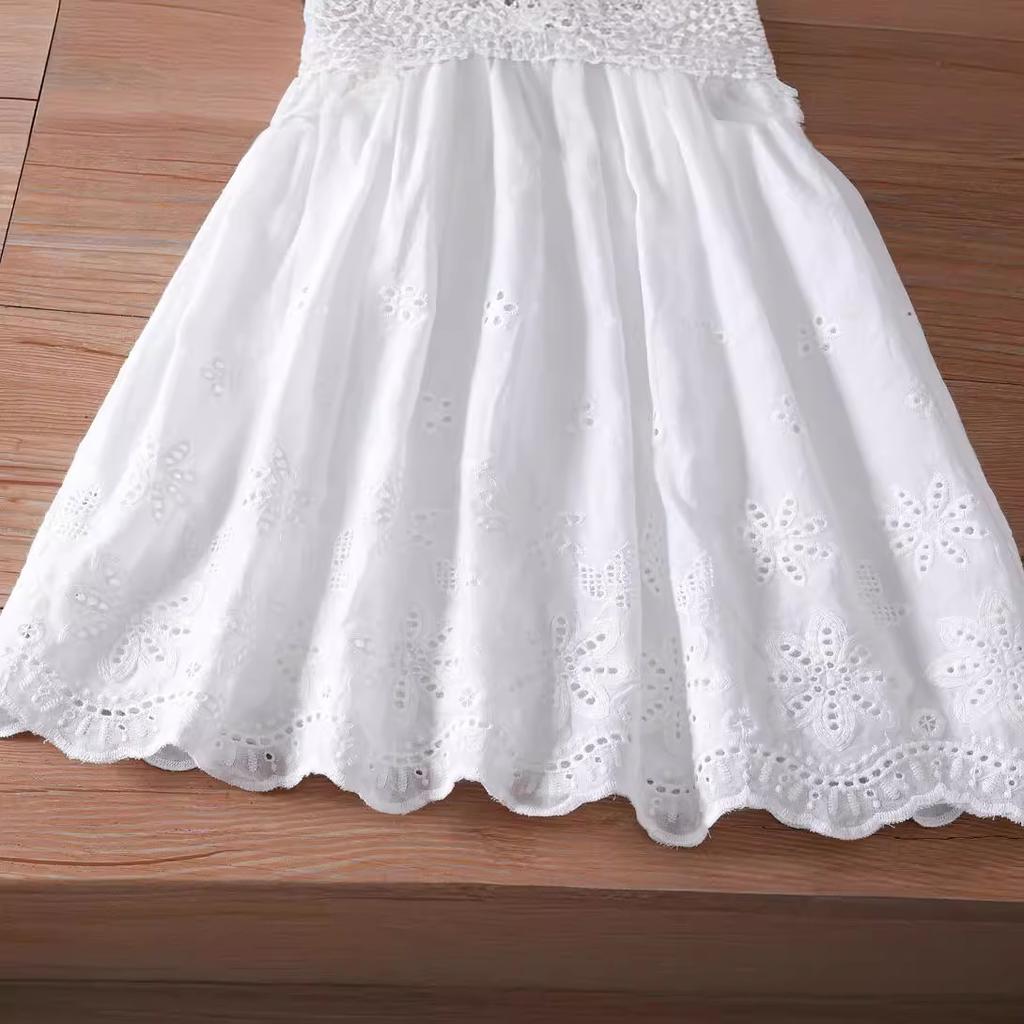 Girls Summer White Hollow Out Strap Princess Dress Middle Big Kids Pure Cotton Stylish Sundress