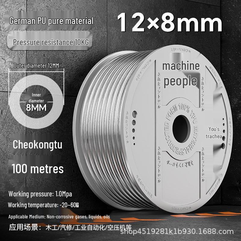 Zhuo Ji 8mm High-Pressure Transparent PU Air Hose for Air Compressors (Sizes: 4/6/10/12/14/16)