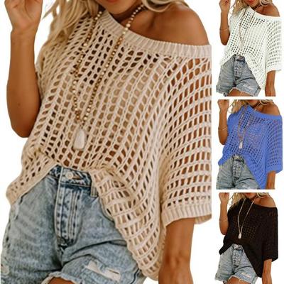 Tops informales para mujer, suéter de punto calado de ganchillo transparente de manga corta con cuello redondo, camiseta holgada de Color sólido