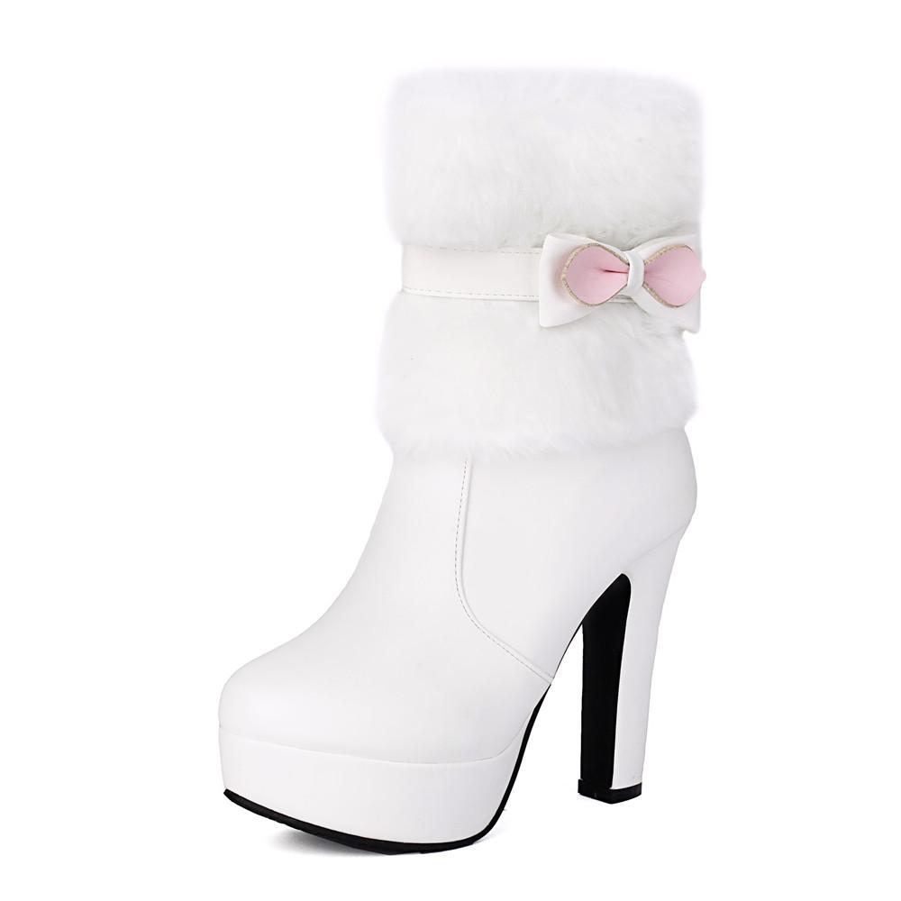 Fashion 2025 Winter Womens Fashion High Heel Boots White Black Fur Tassel Bowtie Lovely Lolita Ladies Party Wedding Shoes Size 35-43