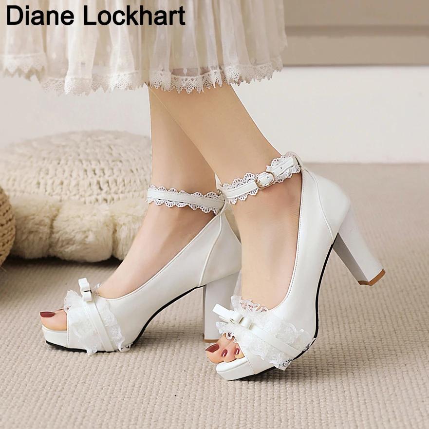 Fashion Women Summer Tacones Altos Lace Mesh Pumps Fish Mouth High Heels Lady Platform Sandals Evening Dress Wedding Shoes Femal  32-46