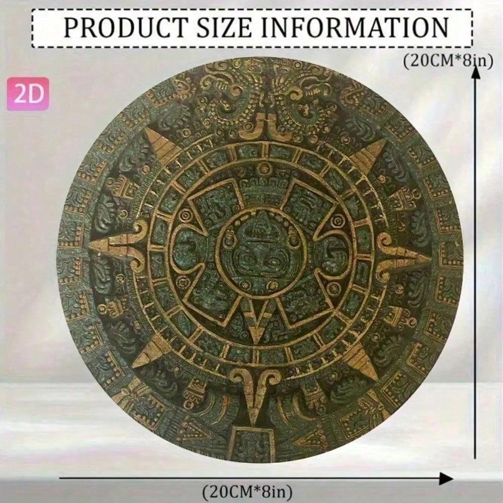 Aztec Calendar Sun Stone Metal Wall Art 8x8 Inch Gold Green Aluminum Sign Home Decor