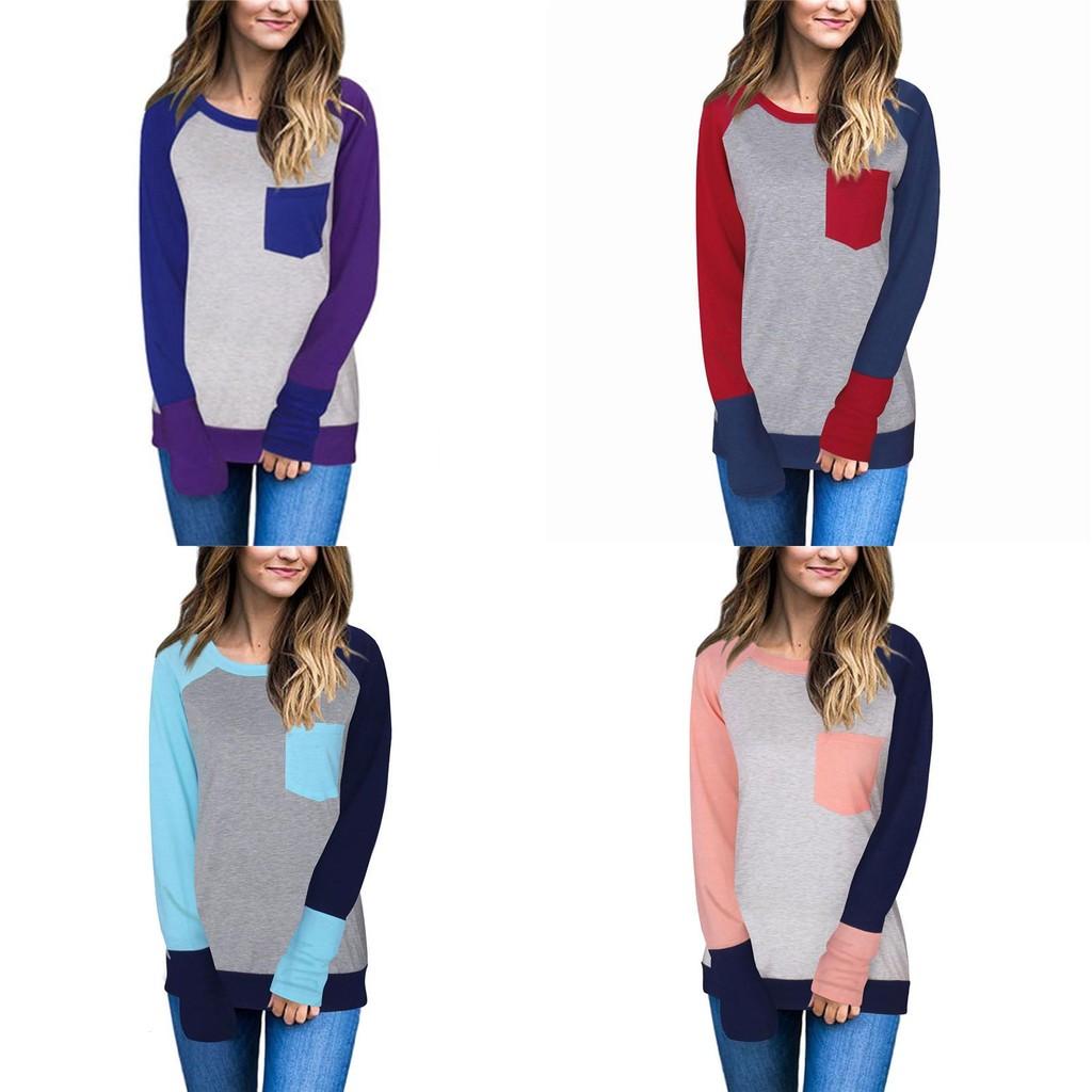 Stylish Casual Womens Long Sleeve Pocket Tshirt With Stitched Color Details
