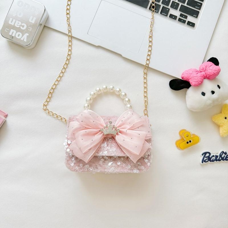 Trendy Girl's Pearl Handbag Stylish Lace Bowknot Princess Shoulder Bag For Kids