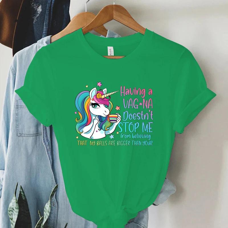 Rainbow Unicorn T Shirt Funny Cartoon Tops Summer Women Streetwear Y2K Aesthetic T Shirts Grunge Harajuku Tee Shirt Female