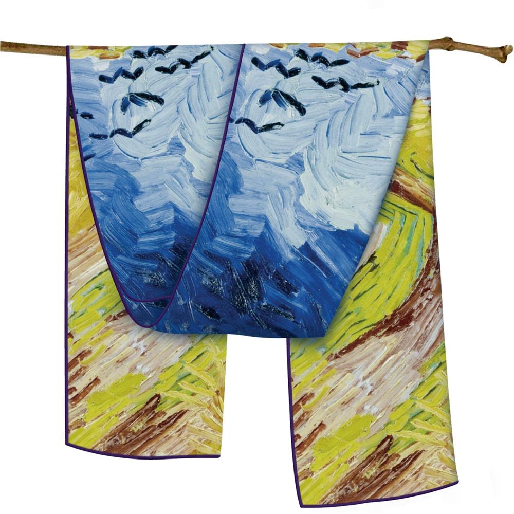 POBING Twill Silk Scarf Women Poncho Hand Rolled Luxury Oil Painting Long Scarves Wraps Bandana Big Shawl Hijabs Female Foulard