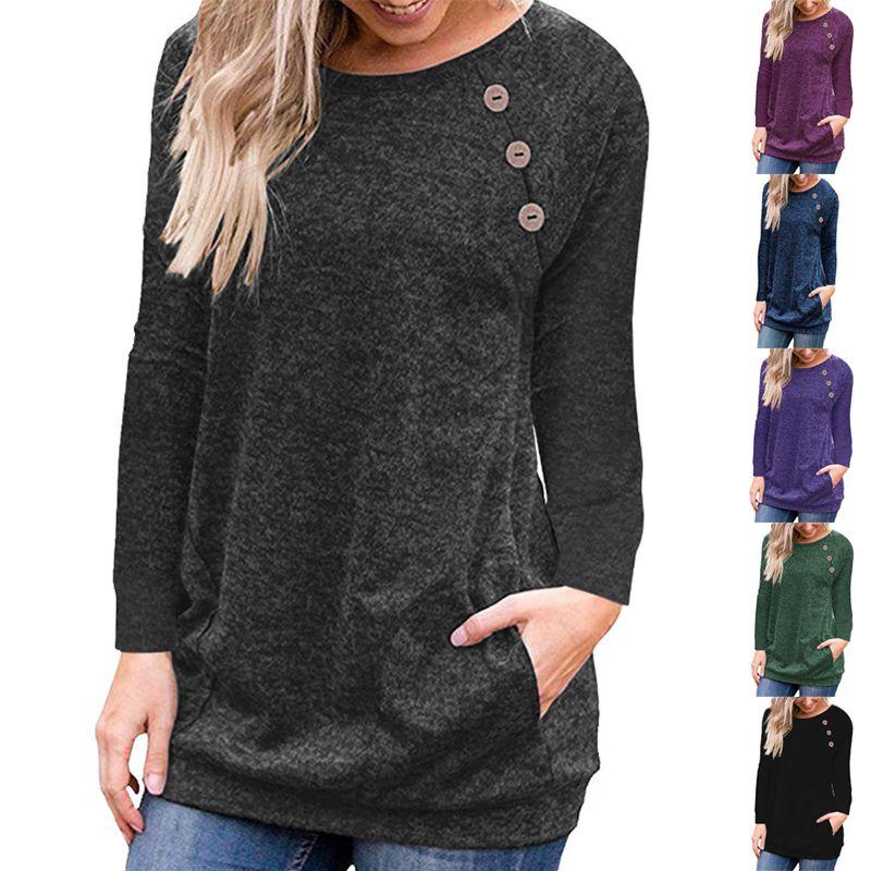 Long Pullover Womens Sleeve Ladies Solid Button Sweatshirt Top Loose Jumper