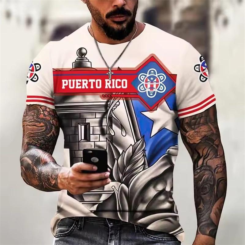 Summer Round Neck Puerto Rico Flag Pattern 3D Print Top Fashionable Casual Short Sleeved Men's T-shirts