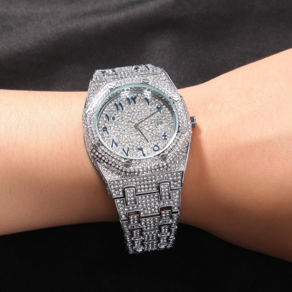 Full Diamond Arabic Dial Men's Watch Hip Hop Fashion Gold Large Dial Quartz Watch Tide