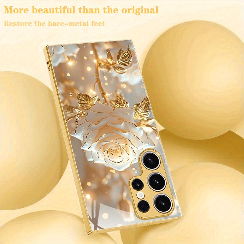 Custodia per telefono in metallo verniciato vetro con design a rosa bianca dorata adatta per Samsung Galaxy S26 S25 S24 S22 S21 S20FE/Ultra/Plus antiurto