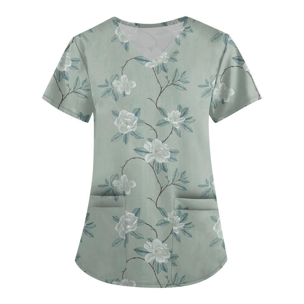 Süße bedruckte Arbeitskleidung für Damen, V-Ausschnitt, doppellagige Taschen, Basic, kurzärmeliges Oberteil, Pullover, Valentinstag