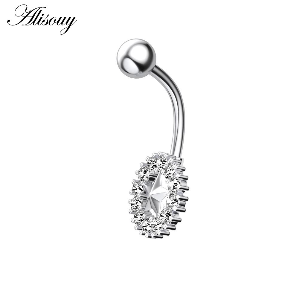 Alisouy 1pc Surgical Steel Crystal Zircon Star Butterfly Moon Stones Dangle Button Navel Piercing Ring Belly Ring Body Jewelry